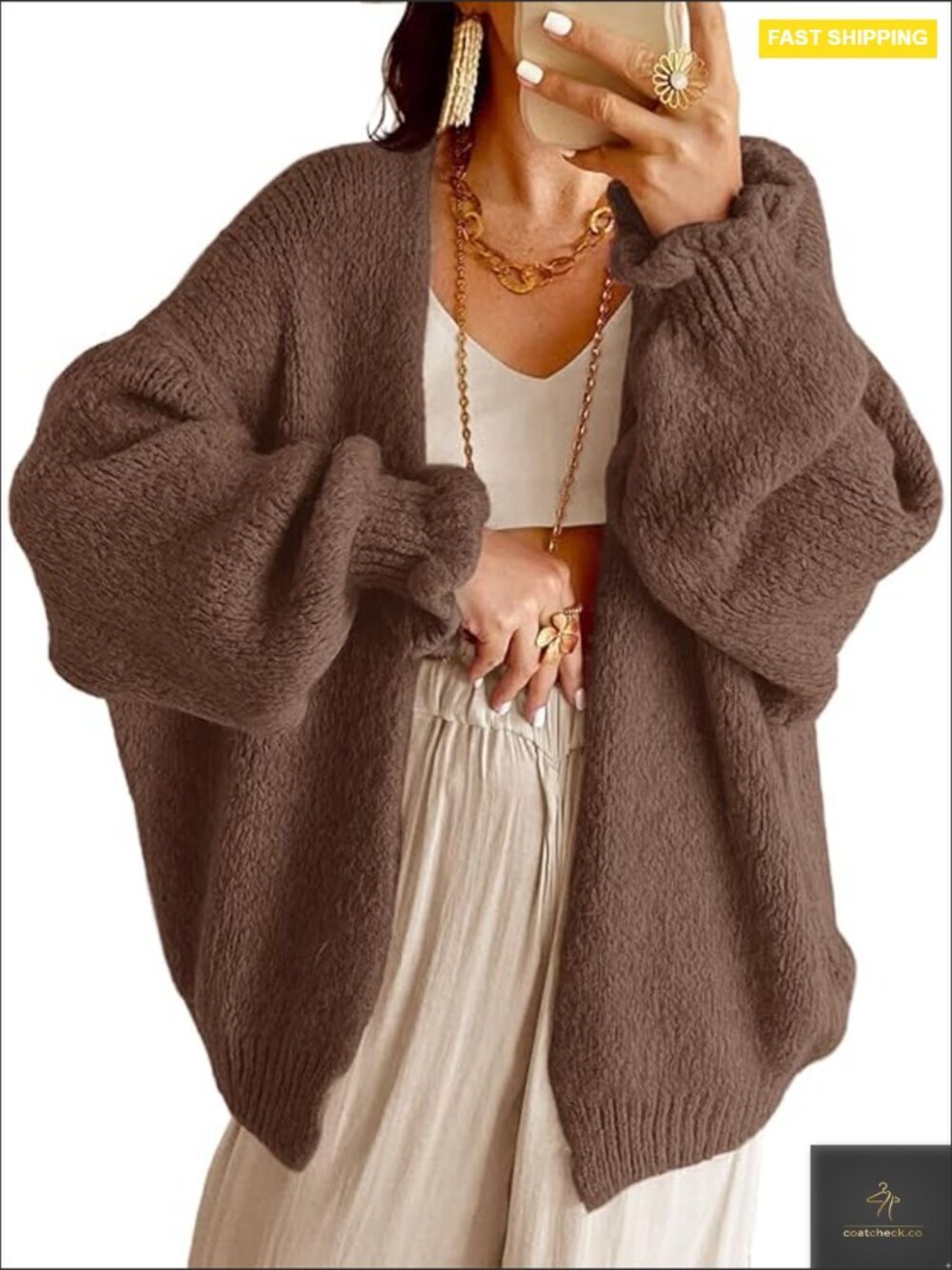 Oversized Open Front Cardigan Ruffle Lantern Long Sleeve Chunky Knit Loose